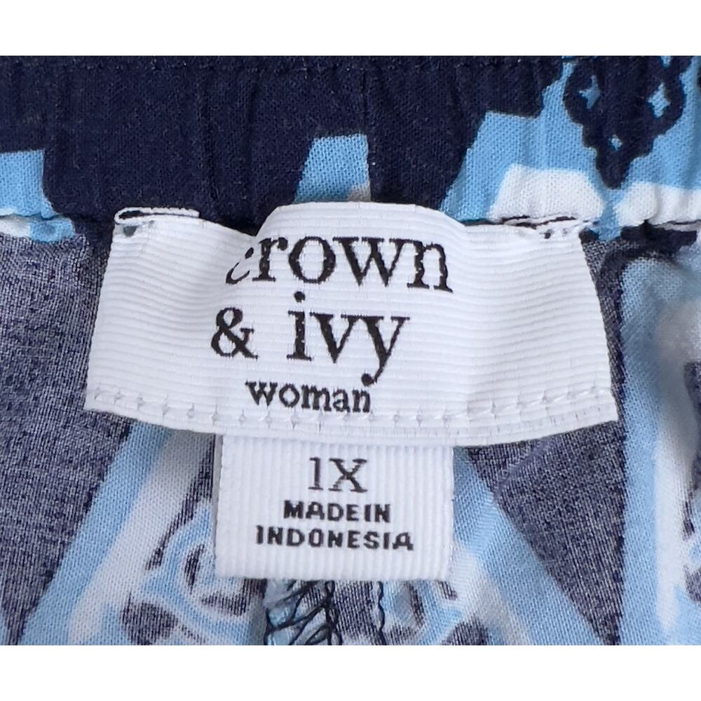 Crown & Ivy Size 1X Wide Leg Elastic Pull-On Palazzo Pants Blue Yellow Pockets - Picture 3 of 7